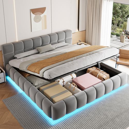 Lit Coffre Adulte 180x200 Cm Avec Rangement , Lit Double Avec Bande LED, Velours, Gris