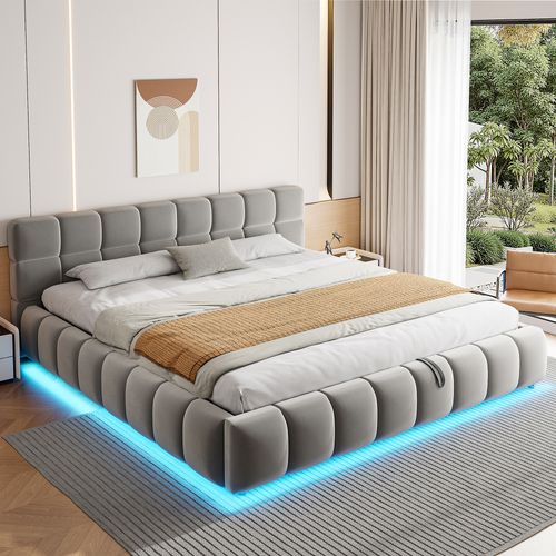 Lit Coffre Adulte 180x200 Cm Avec Rangement , Lit Double Avec Bande LED, Velours, Gris