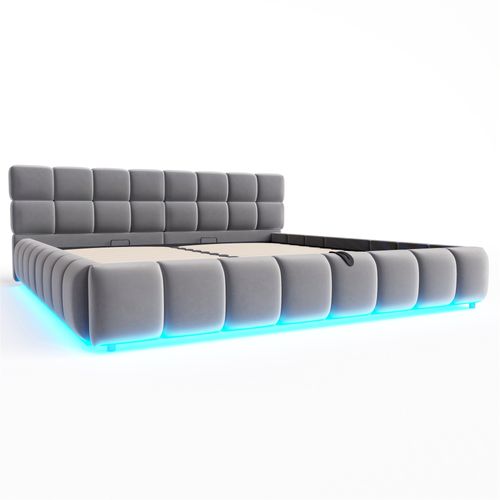 Lit Coffre Adulte 180x200 Cm Avec Rangement , Lit Double Avec Bande LED, Velours, Gris
