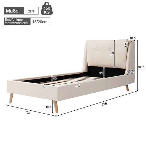 Lit Simple Enfant 90x200 Cm Avec Sommier, Pieds En Bois Massif, Dossier Rembourré, En Velours, Beige