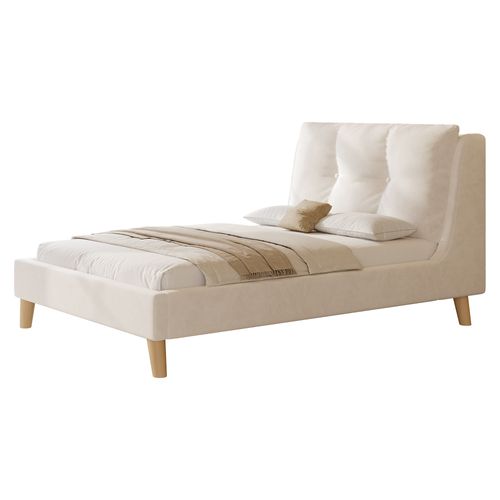 Lit Simple Enfant 90x200 Cm Avec Sommier, Pieds En Bois Massif, Dossier Rembourré, En Velours, Beige