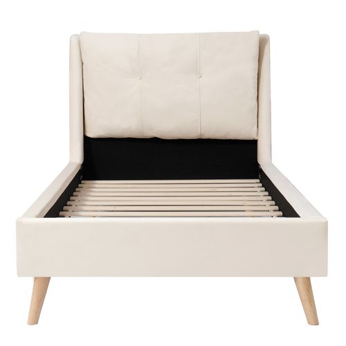 Lit Simple Enfant 90x200 Cm Avec Sommier, Pieds En Bois Massif, Dossier Rembourré, En Velours, Beige