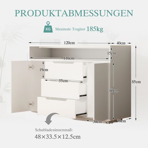 Buffet Moderne 120x40x85 Cm Avec 3 Tiroirs, 2 Portes, LED Et Étagère Ouverte, Bois, Blanc