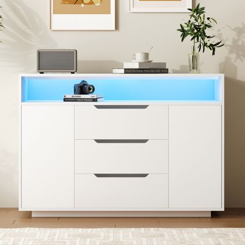 Buffet Moderne 120x40x85 Cm Avec 3 Tiroirs, 2 Portes, LED Et Étagère Ouverte, Bois, Blanc
