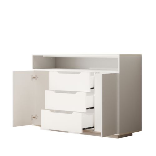 Buffet Moderne 120x40x85 Cm Avec 3 Tiroirs, 2 Portes, LED Et Étagère Ouverte, Bois, Blanc