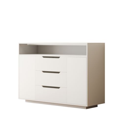 Buffet Moderne 120x40x85 Cm Avec 3 Tiroirs, 2 Portes, LED Et Étagère Ouverte, Bois, Blanc