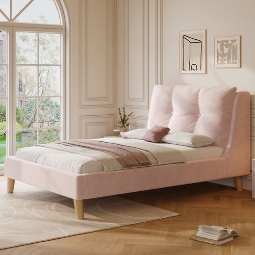 Lit Simple Enfant 90x200 Cm Avec Sommier, Pieds En Bois Massif, Dossier Rembourré, En Velours, Rose