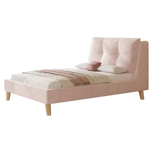 Lit Simple Enfant 90x200 Cm Avec Sommier, Pieds En Bois Massif, Dossier Rembourré, En Velours, Rose