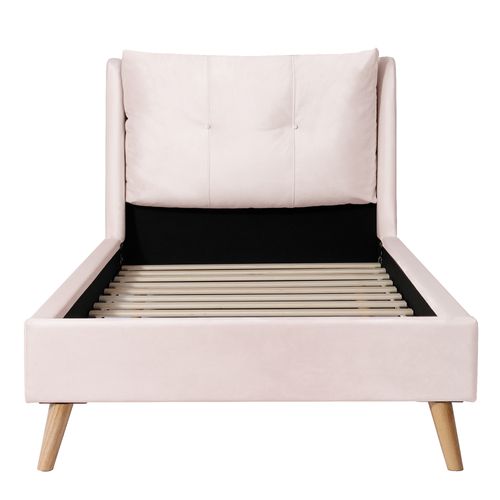 Lit Simple Enfant 90x200 Cm Avec Sommier, Pieds En Bois Massif, Dossier Rembourré, En Velours, Rose