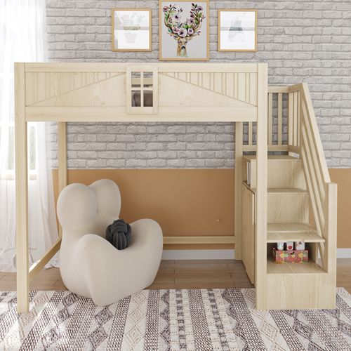 Lit Mezzanine 90x200cm, Échelle Interchangeable, Avec Rangements, Couleur Naturelle