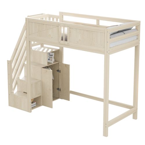 Lit Mezzanine 90x200cm, Échelle Interchangeable, Avec Rangements, Couleur Naturelle