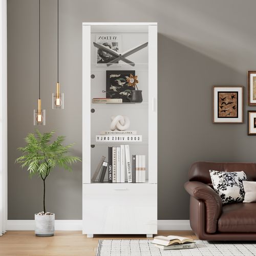 Vitrine 50x40x160 Cm, Porte En Acrylique, 3 Étagères En Verre Et LED, Panneaux Particules, Blanc