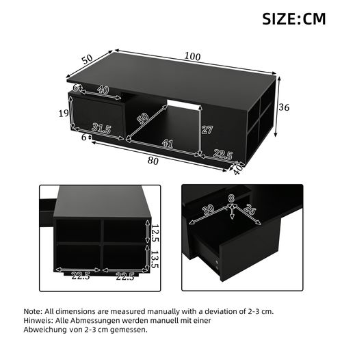 Table Basse Avec LED, Tiroir, Rangements Ouverts , Surface Brillante, En Panneau Particules, Noir