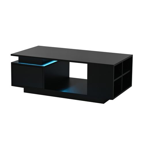Table Basse Avec LED, Tiroir, Rangements Ouverts , Surface Brillante, En Panneau Particules, Noir