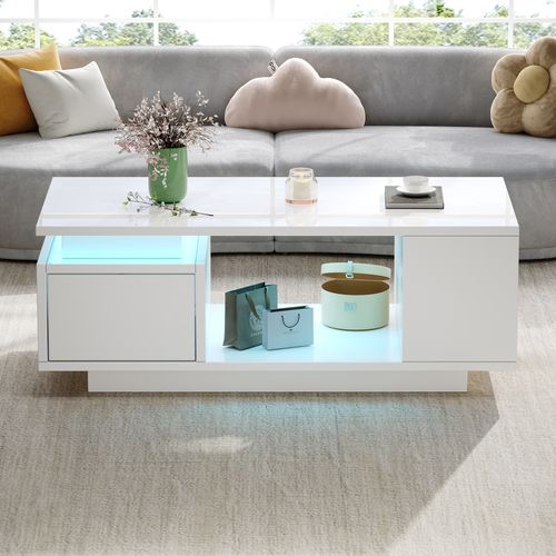 Table Basse Avec LED, Tiroir, Rangements Ouverts , Surface Brillante, En Panneau Particules, Blanc