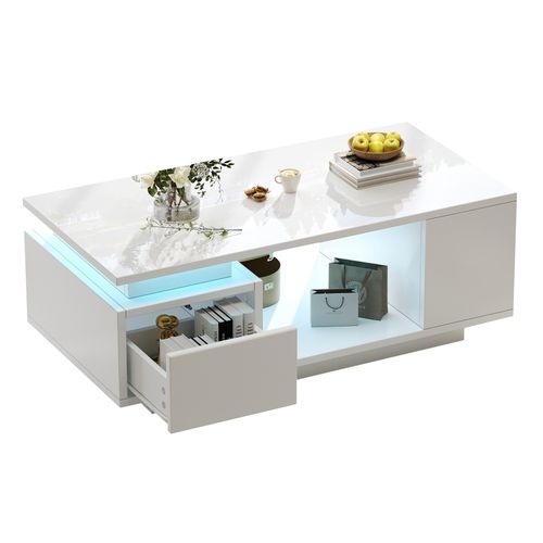 Table Basse Avec LED, Tiroir, Rangements Ouverts , Surface Brillante, En Panneau Particules, Blanc