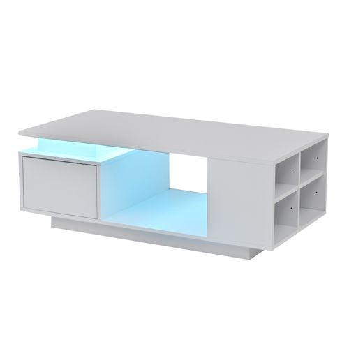 Table Basse Avec LED, Tiroir, Rangements Ouverts , Surface Brillante, En Panneau Particules, Blanc