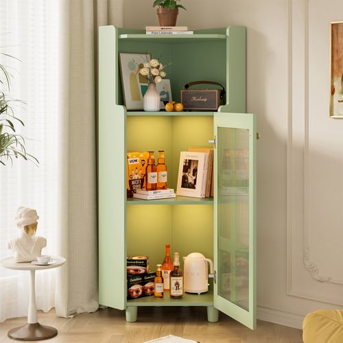 Caisson D'angle 63,5x124 Cm Armoire D'angle Avec LED, Étagère Ouverte, 1 Porte, En Mdf, Vert