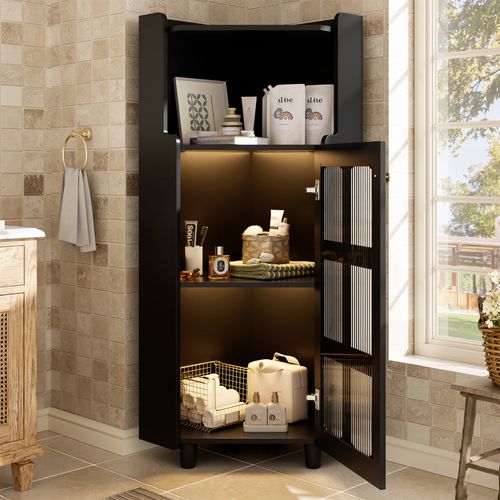 Caisson D'angle 63,5x124 Cm Armoire D'angle Avec LED, Étagère Ouverte, 1 Porte, En Mdf, Noir