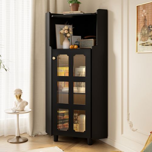 Caisson D'angle 63,5x124 Cm Armoire D'angle Avec LED, Étagère Ouverte, 1 Porte, En Mdf, Noir