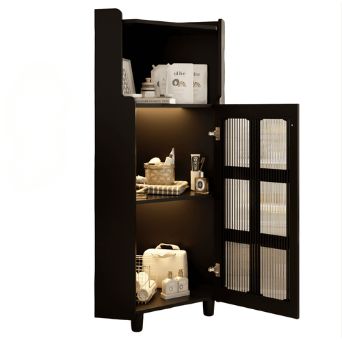Caisson D'angle 63,5x124 Cm Armoire D'angle Avec LED, Étagère Ouverte, 1 Porte, En Mdf, Noir