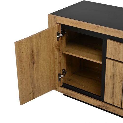 Buffet Salon 140 Cm, 4 Portes + 1 Tiroir, Design Sans Poignée, En Mdf Noir Et Bois