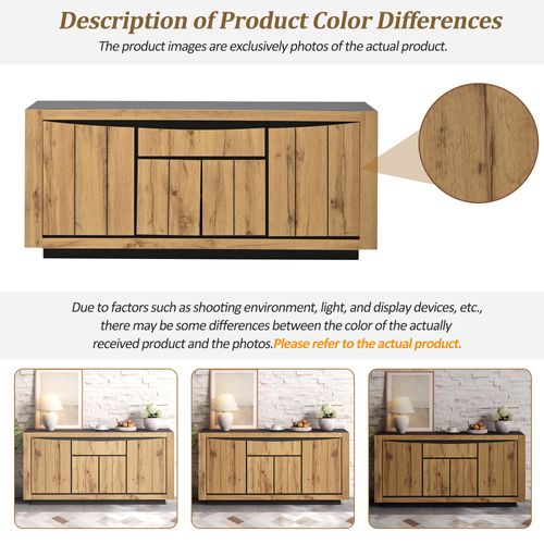 Buffet Salon 140 Cm, 4 Portes + 1 Tiroir, Design Sans Poignée, En Mdf Noir Et Bois