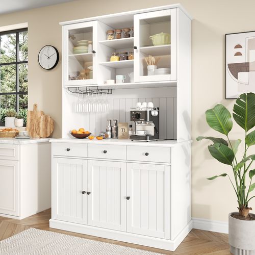 Buffet De Cuisine 120x40x191 Cm Avec 5 Portes, 3 Tiroirs, Prises USB-c Et A, Mdf Et Verre, Blanc