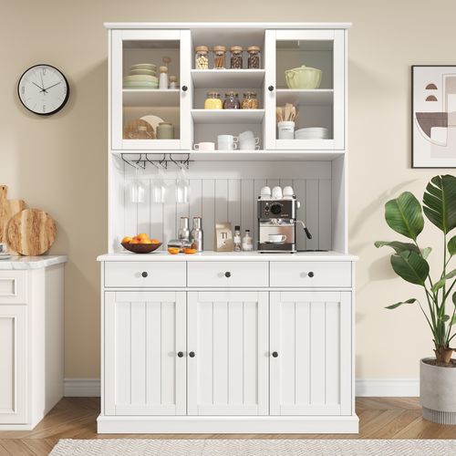 Buffet De Cuisine 120x40x191 Cm Avec 5 Portes, 3 Tiroirs, Prises USB-c Et A, Mdf Et Verre, Blanc