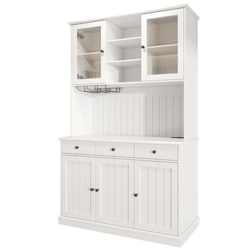 Buffet De Cuisine 120x40x191 Cm Avec 5 Portes, 3 Tiroirs, Prises USB-c Et A, Mdf Et Verre, Blanc