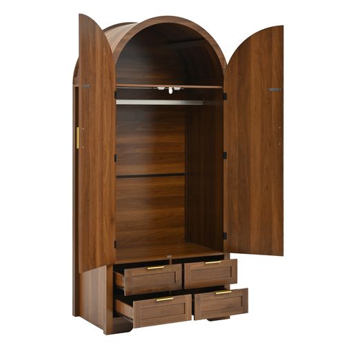 Armoire à Rangement Avec 2 Portes, 4 Tiroirs, Crochets, Barre De Penderie, Mdf, Couleur Marron