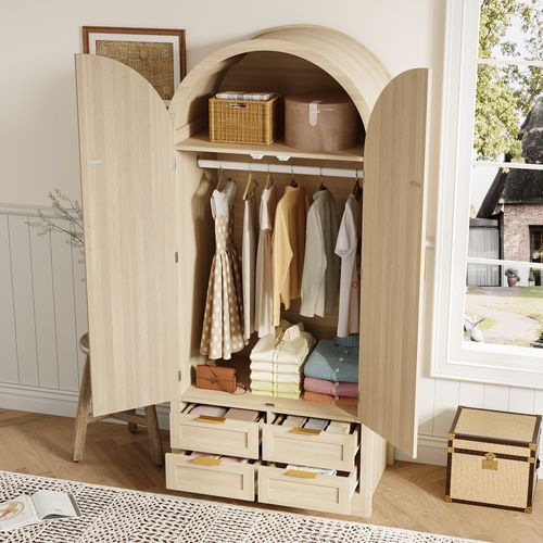 Armoire à Rangement 80x50x179 Cm Avec 2 Portes, 4 Tiroirs, Crochets, Barre De Penderie, Mdf, Chêne