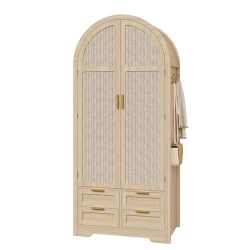 Armoire à Rangement 80x50x179 Cm Avec 2 Portes, 4 Tiroirs, Crochets, Barre De Penderie, Mdf, Chêne