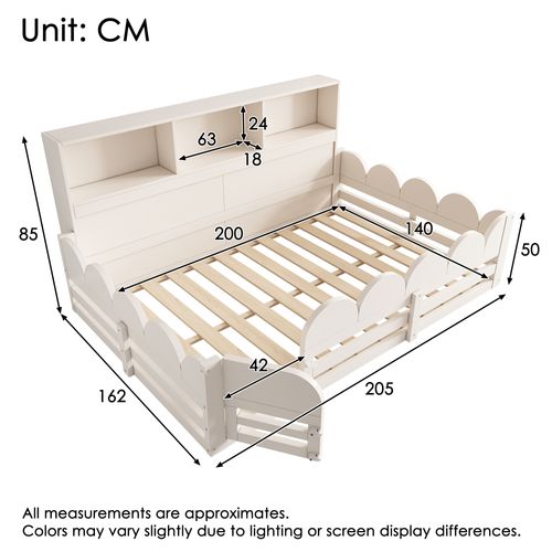 Lit Enfant 140x200 Cm Avec Barrière De Protection Et Étagères De Rangement, Bois, Blanc