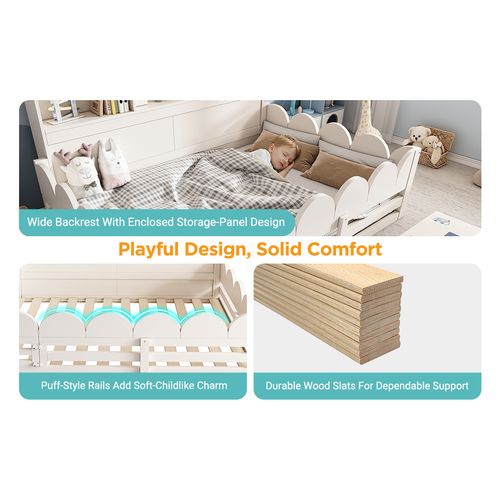 Lit Enfant 140x200 Cm Avec Barrière De Protection Et Étagères De Rangement, Bois, Blanc