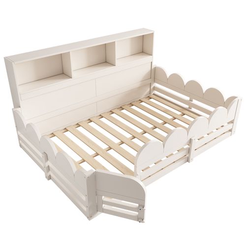 Lit Enfant 140x200 Cm Avec Barrière De Protection Et Étagères De Rangement, Bois, Blanc