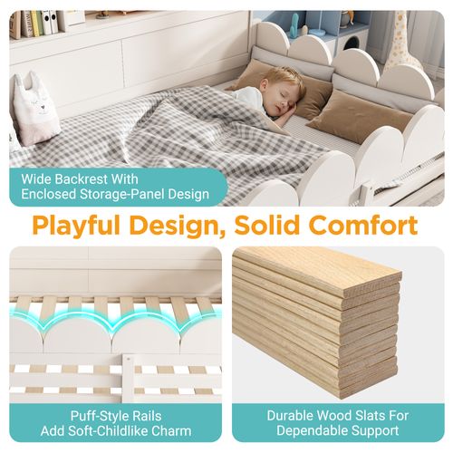 Lit Enfant 140x200 Cm Avec Barrière De Protection Et Étagères De Rangement, Bois, Blanc