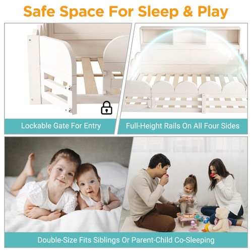 Lit Enfant 140x200 Cm Avec Barrière De Protection Et Étagères De Rangement, Bois, Blanc