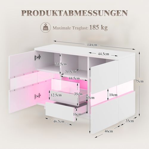 Buffet Moderne 140x35x75 Cm Avec 2 Tiroirs, 2 Portes, LED Et Étagère Ouverte, Bois, Blanc