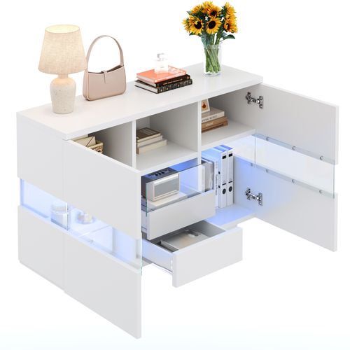 Buffet Moderne 140x35x75 Cm Avec 2 Tiroirs, 2 Portes, LED Et Étagère Ouverte, Bois, Blanc