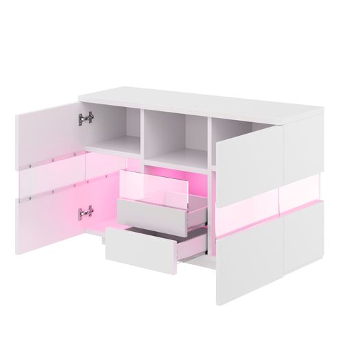 Buffet Moderne 140x35x75 Cm Avec 2 Tiroirs, 2 Portes, LED Et Étagère Ouverte, Bois, Blanc