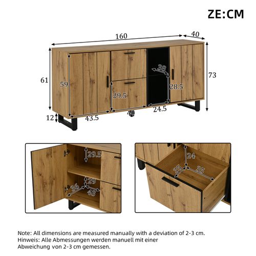Buffet 160x40x73 Cm Avec 2 Tiroirs, 2 Portes, LED, Mdf Et Verre, Couleur Bois Et Noir