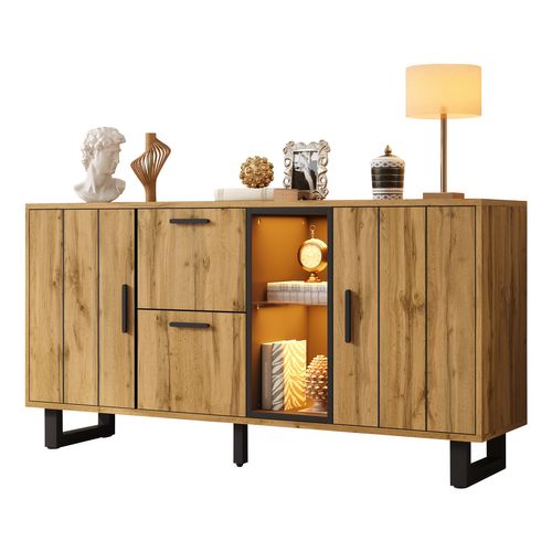 Buffet 160x40x73 Cm Avec 2 Tiroirs, 2 Portes, LED, Mdf Et Verre, Couleur Bois Et Noir