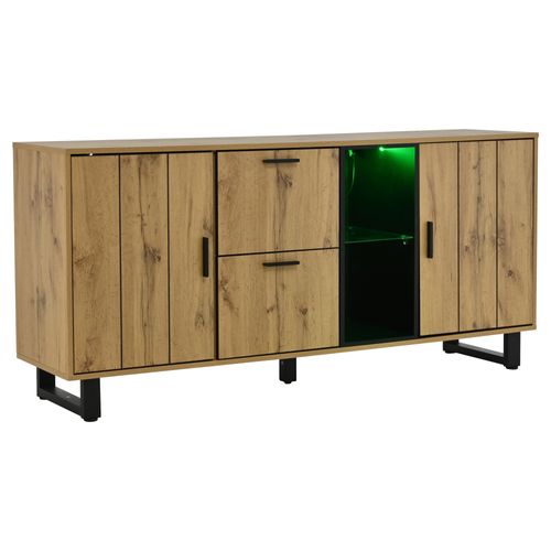 Buffet 160x40x73 Cm Avec 2 Tiroirs, 2 Portes, LED, Mdf Et Verre, Couleur Bois Et Noir
