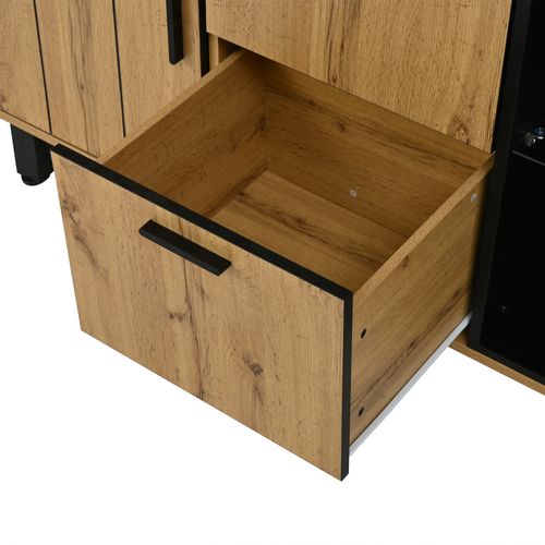 Buffet 160x40x73 Cm Avec 2 Tiroirs, 2 Portes, LED, Mdf Et Verre, Couleur Bois Et Noir