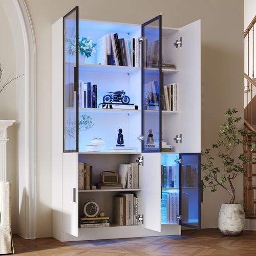 Vitrine 120x35x200 Cm Avec 6 Portes, Éclairage LED, 10 Espaces De Rangement, En Mdf, Blanc