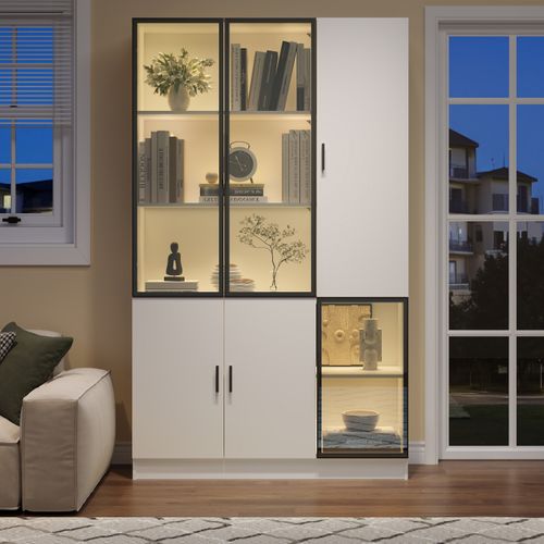 Vitrine 120x35x200 Cm Avec 6 Portes, Éclairage LED, 10 Espaces De Rangement, En Mdf, Blanc