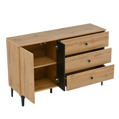 Buffet Moderne 120x35x76 Cm 3 Tiroirs, 2 Portes, Poignées Noires, Panneaux Particules, Couleur Bois