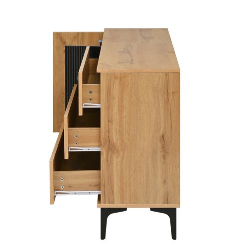 Buffet Moderne 120x35x76 Cm 3 Tiroirs, 2 Portes, Poignées Noires, Panneaux Particules, Couleur Bois