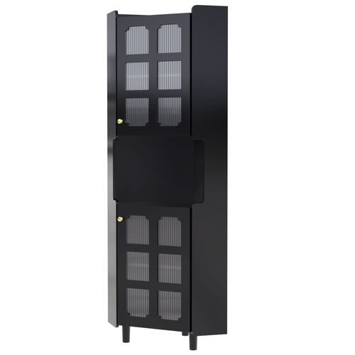 Caisson D'angle 63,5×157,5 Cm Avec LED, 2 Portes En Verre, Rangement, En Mdf, Noir